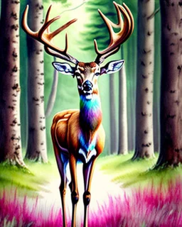 deer with antlers standing sideways, looking at viewer, realistic water color painted, among light colored tall simplified tree trunks, foggy, Easter Spring pastel colors, colorful, dark background