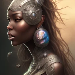 sango fantasy, fantasy magic, intricate, sharp focus, illustration, highly detailed, digital painting, concept art, matte, masterpiece head sexy front view black African beauty space lady silver carp skin one head African space night