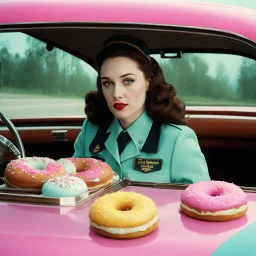 [psychedelic movie by Wes Anderson] Kat Dennings as a policewoman in a car with donuts, vintage 1970's photo