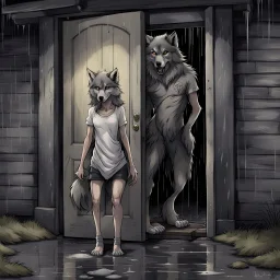 fantasy digital art of a sad face young anthro wolf in gray hairy wolf body gray paws, and wears just a short canvas rag around her waist , she falls to the ground in the rain kicked out of the house falls towards from the camera, behind her an tall angry anthro wolf man just in dark gray body hairy kicks she out the door with his foot, behind in rustic halb open door in an massive wooden house, rainy day, detailed, fantasy mood