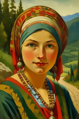 Portret dziewczyny w turbanie z polskiej góralki w stylu art deco