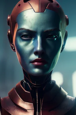 portrait,beautiful robot, post-apocalyptic in a cyberpunk city, realistic, intriacte detail, sci-fi fantasy style, volumetric lighting, particales,highly detailed,cinamatic, deep colours,8k