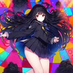 Clear focus, High resolution, long black fluffy hair, red eyes, chopped bangs, wearing a sailor uniform, wearing a sailor skirt, colorful, hollywood, female, human, mortal, thin legs