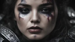 Photoreal close-up of gorgeous rogue woman eyes closed floating horizontally lying in utter dark outer space, Wounds accumulated on her body, her armor marred and stained with the taint of darkness, forgotten realms fantasy style by lee jeffries, otherworldly creature, in the style of fantasy movies, shot on Hasselblad h6d-400c, zeiss prime lens, bokeh like f/0.8, tilt-shift lens, 8k, high detail, smooth render, unreal engine 5, cinema 4d, HDR, dust effect, vivid colors
