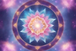 Galactic well centered mandala pale colours, LIGHT PINK, LIGHT BLUE, LIGHT purple, light yellow, parma, progressive and colourful, stars and galaxies in the background, lotus flower in the center，soft light etheric atmosphere, light effect，vaporwave colorful, concept art, smooth, extremely sharp detail, finely tuned detail, ultra high definition, 8 k, unreal engine 5, ultra sharp focus