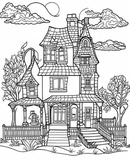 outline art for halloween coloring pages for kids with haunted house , white background, Sketch style, full body, only use outline, clean line art, white background, no shadows and clear and well outlined, coloring page for kids,