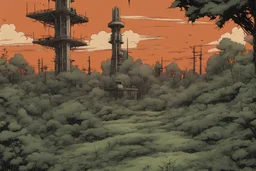 radio tower, overgrown apocalyptic, background, comic book,