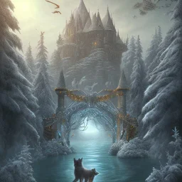 fantasy art, book illustration, upper body of big mad wizard on bridge ,icy water, on the bridge is a wolf, there is also a hawk and everything is seen from the tree tops