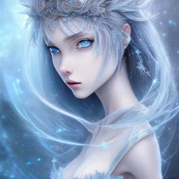 icy blue, anime, fairy queen,tears, majestic, ominous, ice, wildflower, intricate, masterpiece, expert, insanely detailed, 4k resolution, retroanime style, cute big circular reflective eyes, cinematic smooth, intricate detail , soft smooth lighting, soft pastel colors, painted Rena