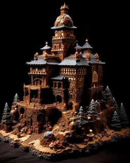 A dark brown Japanese palace on a mountain made out of gingerbread painted by Antoni Gaudi