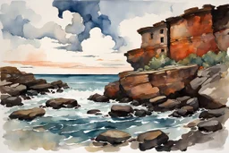 Clouds, rocks, cliffs, rocky land, sci-fi and fantasy, beyond and trascendent, 90's sci-fi movies influence, winslow homer watercolor paintings