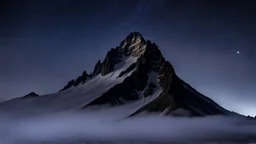 looking up at the tallest single mountain sharp face rising out of the misty foreground into the clear night sky background.