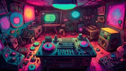 (top view perspective) a neon detailed cartoon adventure in a psychedelic gnome music producer all alone in his old, dilapidated music mushroom studio. analog music equipment all over. rare rave posters on the walls. tiny details in every corner of the room. urban background. 2 turntables and a mixer, tb303. gnomes hanging out in the room. futuristic music equipment. large speakers in the corner of the room. a sign reading: "Tomasito". both sides frame mushroom border. laser light show!!!