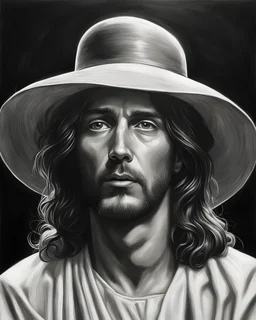 Jesus at birthday party, wearing hat, Chiaroscuro, hyper realism, realistic, highly detailed, high contrast black and white, sharp