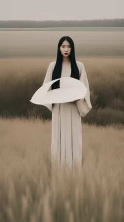 a woman standing in a field holding a large leaf, inspired by Ren Hang, design milk, long black hair, whites, wanderers traveling from afar, trending on artisation, cloning spell, coat pleats, in twin peaks, submarine, by Helen Thomas Dranga, symetry, round-cropped, noire photo