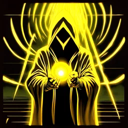 90's TCG art retro fantasy art of a faceless hooded figure blasting yellow light beams out of hands