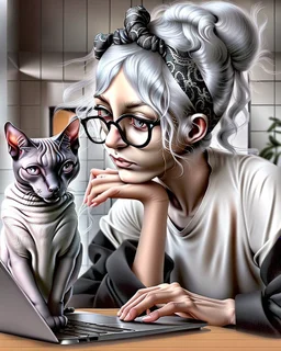 Whimscal a middel-aged women with silver hair in a little messy bun and black and white bandana with knot and glasses, wearing white tshirt and an unbuttoned black sweater, she sits on a chair behind a table where she has her laptop, She leans her chin in her hand and looks into her laptop, her Oriental shorthair Siamese cat put her paws on the tabletop, bg a kitchen, wet oil sketch on canvas.