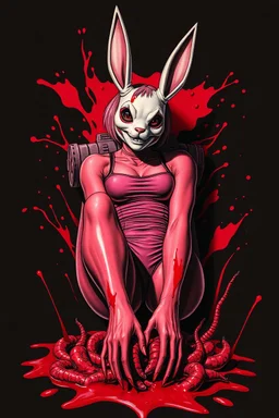 Tank girl, lying pose, rabbit mask, pink short hair, latex suit, highly detailed, fullbody, splashes blood, behind guts rising from the ground, papercut illustration by <John Kenn Mortensen>, darkred tones,