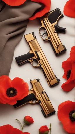 Two gold pistols and a red notebook on a white scarf. A bed of red poppies. Close-up from above.cinematic