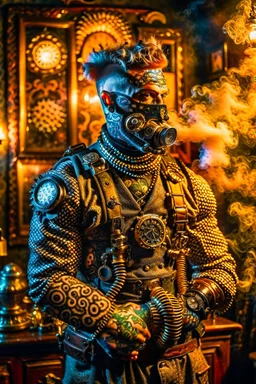 steampunk spaceman with tattoo of a human, scary tattooist in high end parlor, smoke, mist, lightrays, depth of field, photography