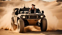 beautiful slender caucasian female technician, black tank top, angry, running, well toned muscles, weathered face, scratched sand camo metal details, short brunette wavy bob haircut, dystopian, desert scene with smoke and explosions,