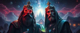 portrait of inter-galatic handsome power broker dynasty family , the first nation, witchcraft, cyberpunk village, sci-fi, strange chrome vessels, volume light from stars through clouds, goa trance poster