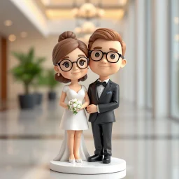 Create a cute premium 3D animated collectible figurine scene of the uploaded couple, using their photo only as the identity reference. Turn them into an adorable husband and wife standing close together on a small round display base. Preserve their young age, facial features, hairstyle, glasses if present, skin tone, and warm loving expressions, but render them in a soft anime style. in wedding suit in modern hall