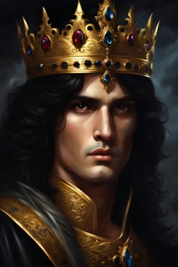 Gold framed painted portrait of a dark haired king with dark eyes, fantasy