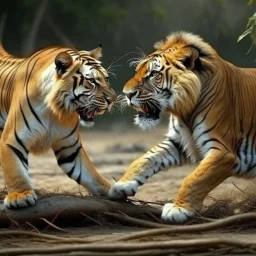 a lion fighting with tiger