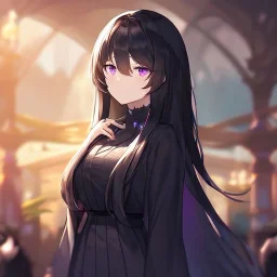 Clear focus,High resolution, Black long fluffy hair, long bangs, and purple eyes, Depressed girl