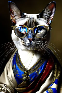 Prompt: the real awesome Siamese Cat queen in regals wearing reading glasses portrait 1600s