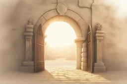 تمثل هذه الصورة لحظة ساحرة تأخذنا في رحلة سفر عبر الزمن. في الأمام، نرى بوابة قديمة مهيبة، مُطلة على ممر طويل من الزمن. تبدو البوابة كمفتاحٍ سحري لعوالم مختلفة، حيث يمكن لمن يمرّ بها أن يعبر إلى عصور مختلفة. تتداخل ضوء الشمس والظلال على الأرض وجدران البوابة بأسلوب ساحر، مما يضفي على المشهد أبعادًا من السحر والغموض. يبدو أن البوابة محاطة بجو من الهدوء والترقب، وكأنها تنتظر المستكشفين الجريئين ليخوضوا تلك التجربة العجيبة. تدفعنا الصورة إلى التأمل في فكرة التواصل مع الماضي والسفر عبر الزمن، حيث يم