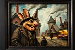 Real Charlie and the Chocolate Factory, in front of the frame, and town major troll mouse rabbit in style of Rembrandt and Fallout 4, with motion blur, all on a painting on wall with black wooden frame and with black wall background