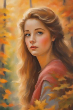 Masterpiece painting of a beautiful girl looking at the sunlight in autumn, forest, oil pastel style, Anne Shirley, beautiful face, beautiful painting, best quality, young girl, 15 years old, oil pastel painting style, impressionist painting, painted by Thomas Kinkade