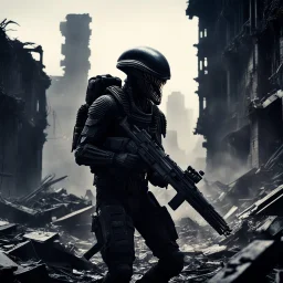 a hidden xenomorph [vintage style noisy scratches glitches, Shot the texture and then rewound the film and double exposed] In the midst of the destroyed city, the two US Marine soldiers move with precision in tight formation across the ruins, while the alien xenomorphs lurk in the darkness. Their eyes scanning the shadows as they sought to avoid being surprised by the deadly foes that could strike at any moment.