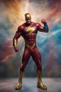 the Flash, Gold boots, extremely huge, overexaggerated muscles, posing and flexing in a front of the camera, random extreme action poses, an extremely colorful, multicolored foggy blue marble wall in the background with a colorful marble tile floor, multicolored lightning, realism engine,