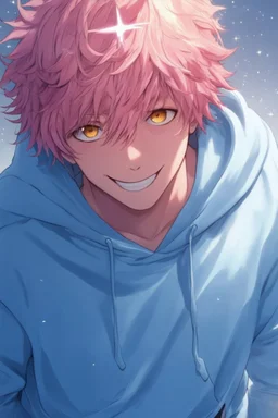 An androgynous young man with tousled pink hair and golden eyes floating among the stars wearing a light blue hoodie and black board shorts. He is smiling softly and holding a star in one hand.