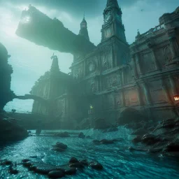 sunken underwater city of Norse gods, fish swimming around, highly detailed, cinematic, ultra photorealistic, ultra realistic, volumetric lighting, sun shafts