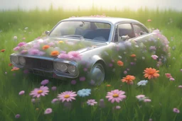 A car in the grass, transparent glass sasin, 3d render, 4k Flowers in the body.