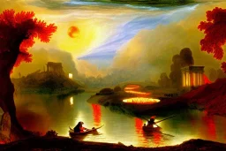 The red hot River Styx leading to hades, Charon, high detail, Impressionist painting, fine detail, high quality,