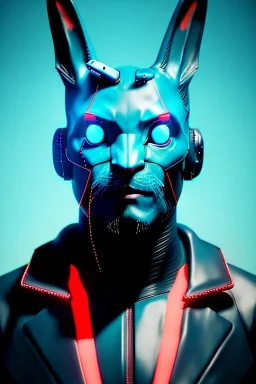 Medium Close Up Portrait, Front image. cyberpunk, rabbit mask, irish man, black hair. latex suit. blue, red, color. Ghost in the shell style. Color background, photo studio. Avatar image, highly detailed, concept art, smooth, unreal engine 5, god rays, ray tracing, RTX, lumen lighting, ultra detail, volumetric lighting, 3d, finely drawn, high definition, high resolution.