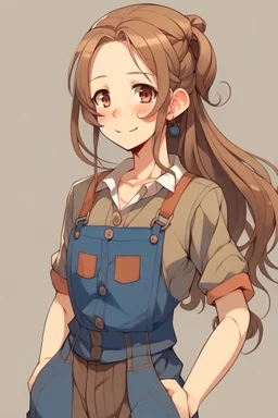 brown hair in a ponytail anime girl in overalls