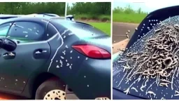 guy upset with filthy car with dead bugs splattered on it