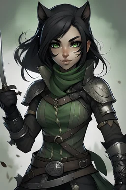 Cute female black and gray Tabaxi rogue assassin with long black hair and green eyes wearing leather holding daggers