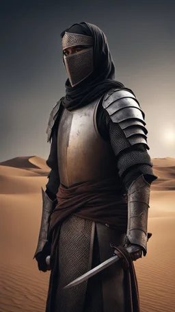 Make me a picture of a Muslim knight, standing in a desert, make the picture in the dark, with his back to the screen.