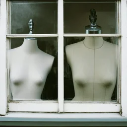 polaroid of a grunge display mannequin behind a window