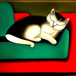 oil portrait of tricolor pattern Cat sleeping in a sofa by Murillo 8k