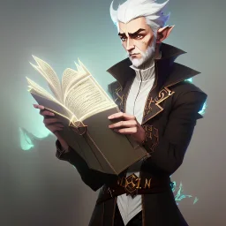 elf with gray hair in beige coat and white shirt reading a tome, studio lighting, nature background, intricately detailed, smooth glowing feathers, trending on artstation