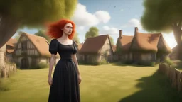 A photorealistic image of a red-haired, slender, witchy woman standing in a village common with neat-mown grass, surrounded by many thatched cottages and shops, under a large tree. Sunny day.
