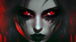goth girl face, futuristic, , dark red eyes, livingroom in background, hair open on her face